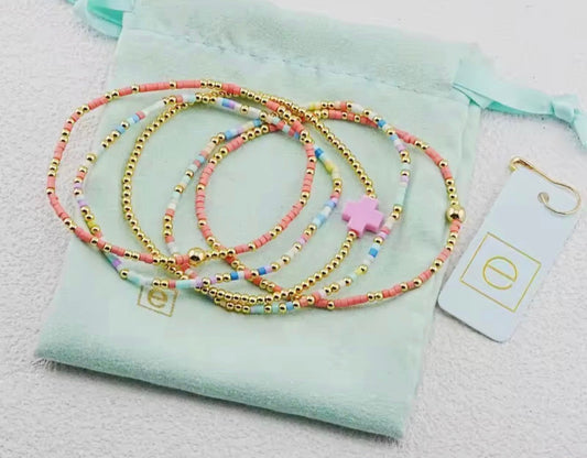 5 Piece EN Multicolor/14KGold Beaded Bracelet
