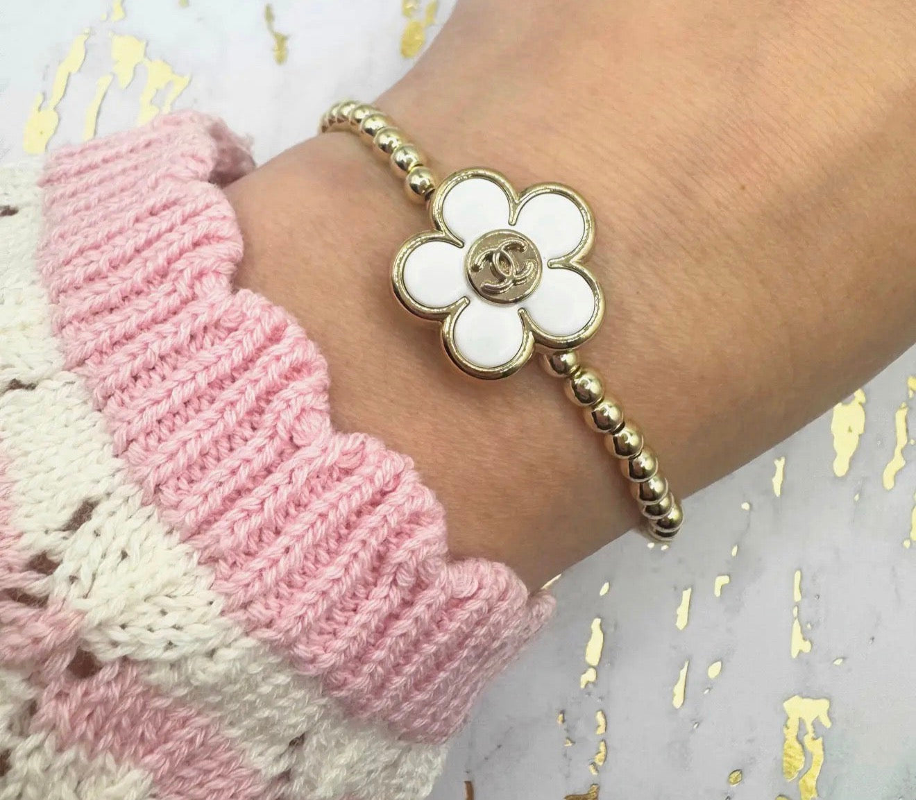 CC Flower Charm 14k Gold & White Bracelet